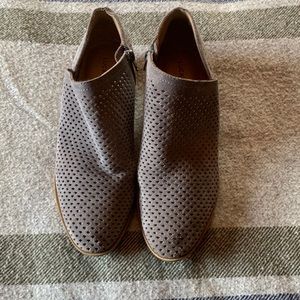 Lucky Brand grey suede bootie with side zip, perforated leather
